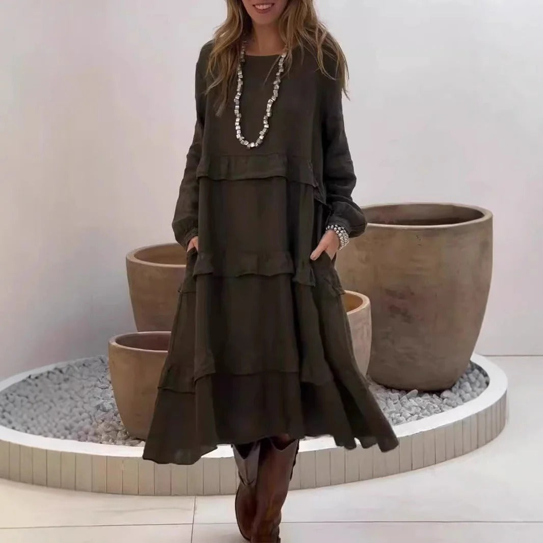 Robe longue femme – Linen – Coupe évasée – Manches longues à volants – Style décontracté