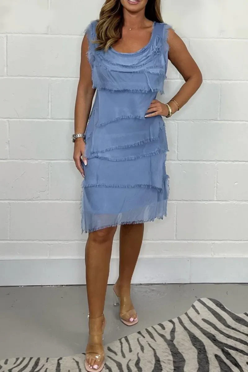 Robe femme sans manches – Coupe fluide – Franges superposées – Longueur genou