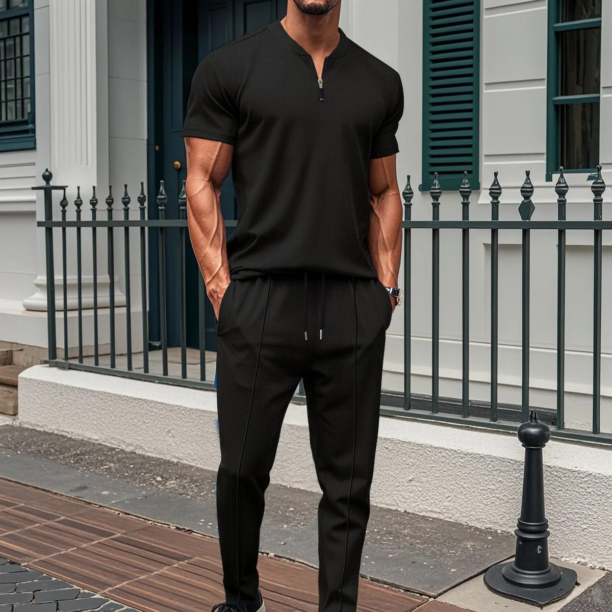 Ensemble de fitness homme – Coupe slim – T-shirt zippé – Pantalon taille élastique