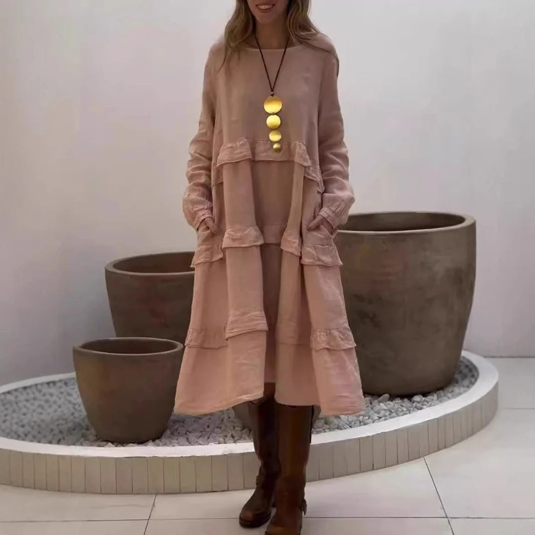 Robe longue femme – Linen – Coupe évasée – Manches longues à volants – Style décontracté