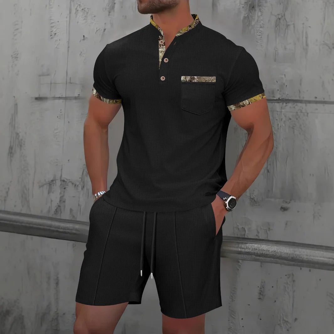Ensemble Homme Décontracté – Coupe Slim – Coton – Manches Courtes – Poche Poitrine – Plastron à Boutons – Taille Cordon Ajustable