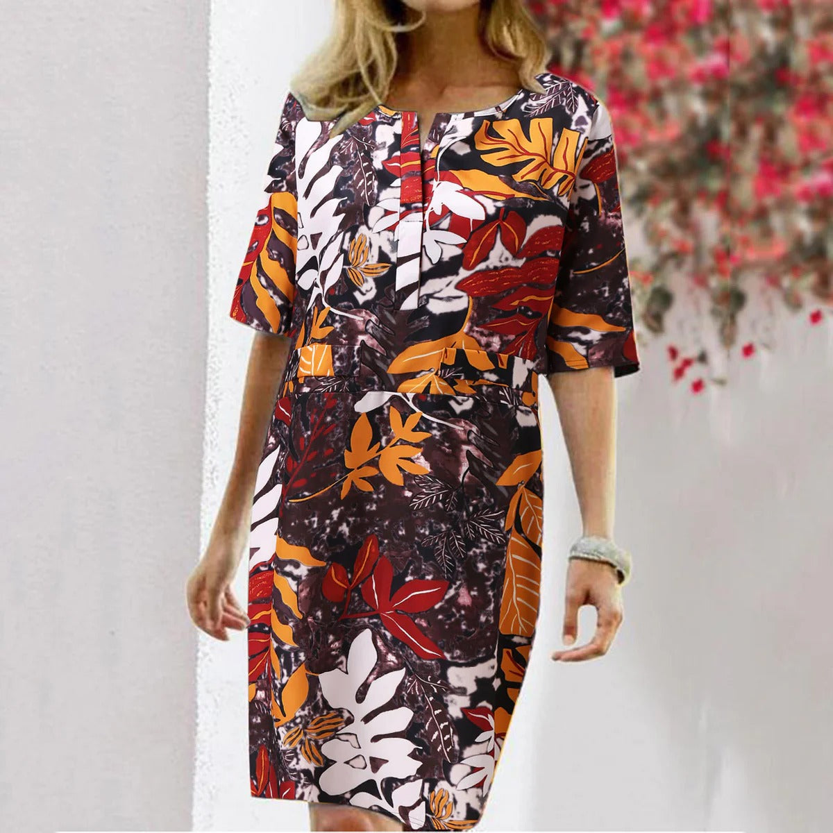 Robe femme – Coupe décontractée – Coton doux – Imprimé feuilles – Longueur genou