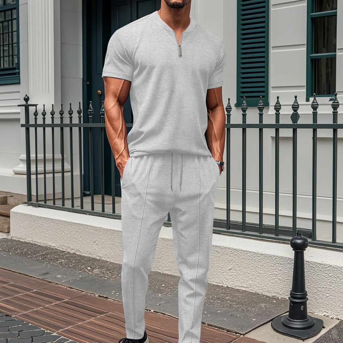 Ensemble de fitness homme – Coupe slim – T-shirt zippé – Pantalon taille élastique