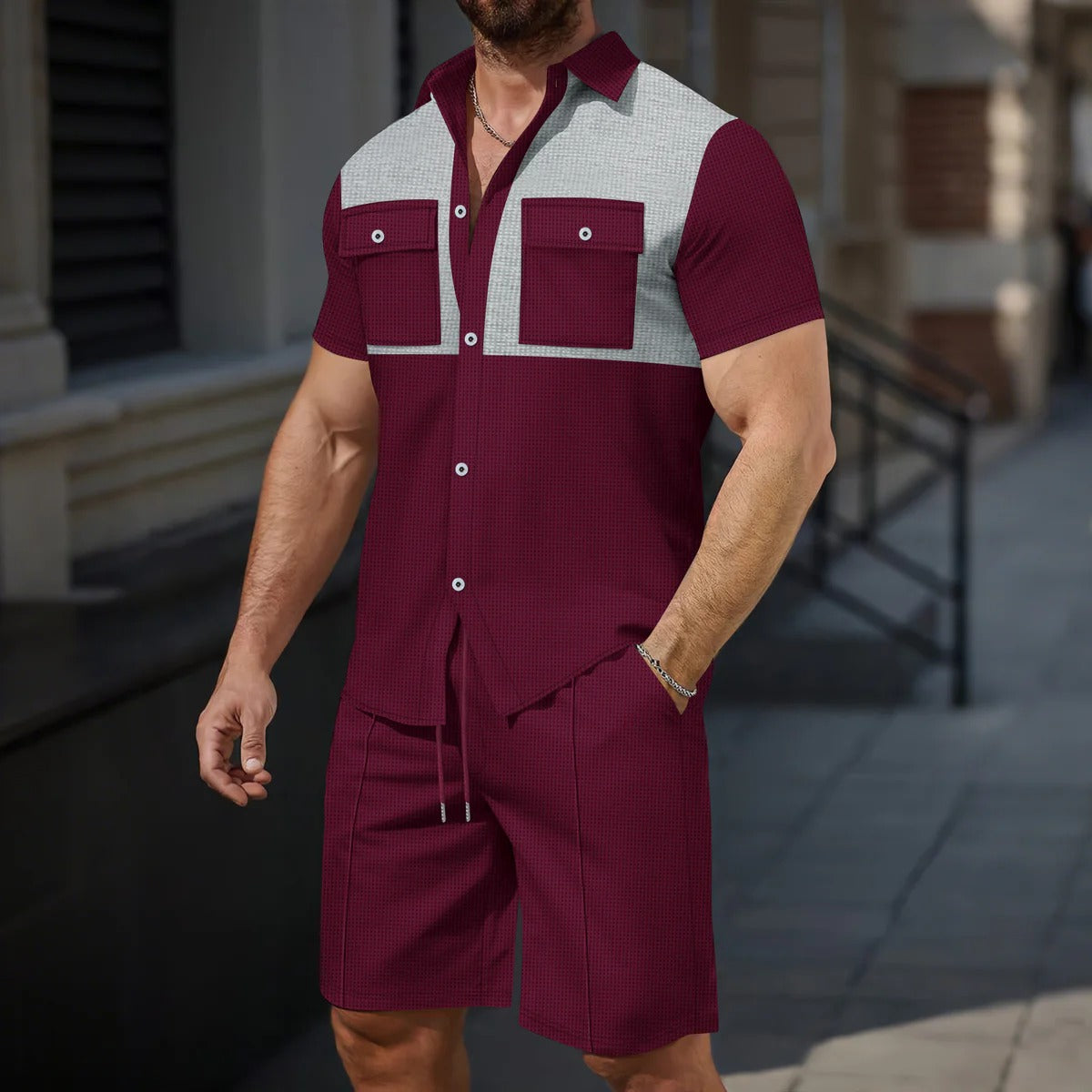 Chemise homme manches courtes – Coupe régulière – Poches poitrine – Détail contrasté