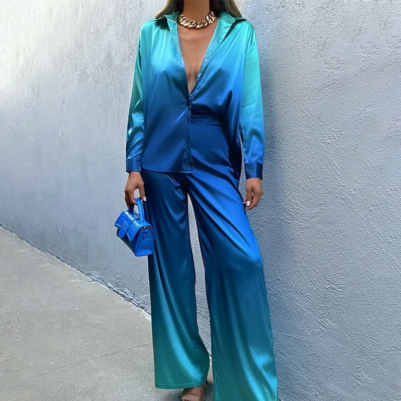 Ensemble deux pièces pour femme - Satin - Coupe ample - Col chemise à manches longues