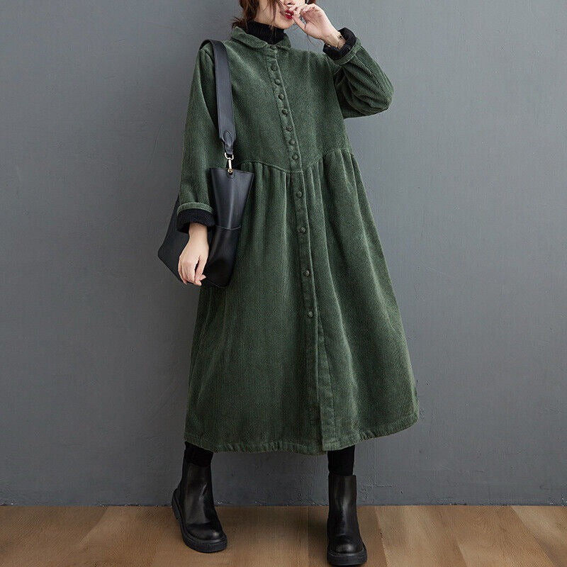 Manteau femme – Coupe oversize – Longueur mi-mollet – Côtelé – Boutonné devant