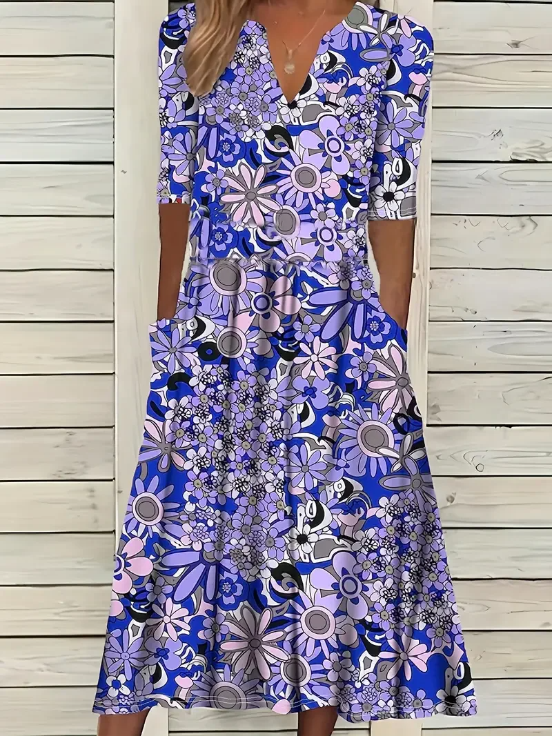 Robe longue femme – Coupe évasée – Tissu respirant – Manches courtes – Col en V – Imprimé fleuri – Avec poches