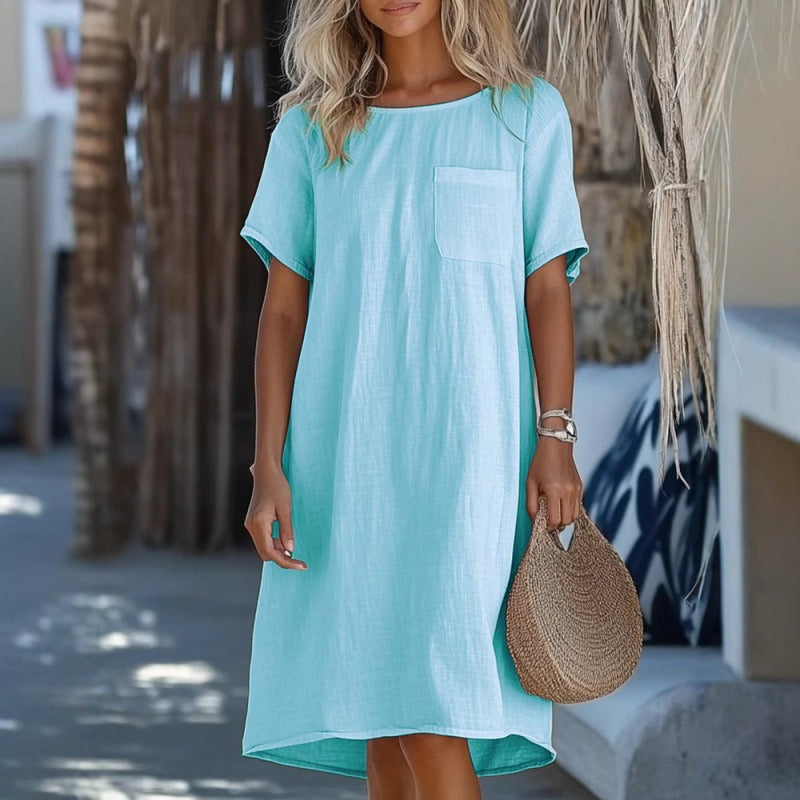 Robe midi femme – Coupe décontractée – Lin et coton – Manches courtes – Col rond