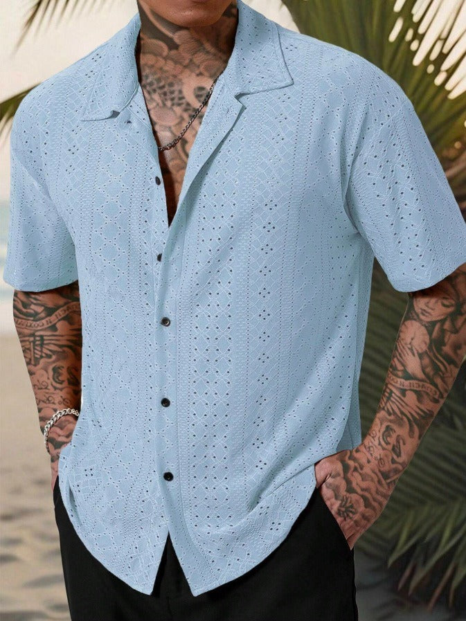 Chemise homme décontractée – Coton – Motif jacquard ajouré – Coupe droite – Manches courtes