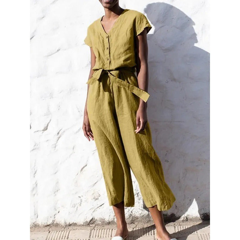 Combinaison femme – Col en V – Coton – Manches courtes – Coupe fluide – Jambe raccourcie