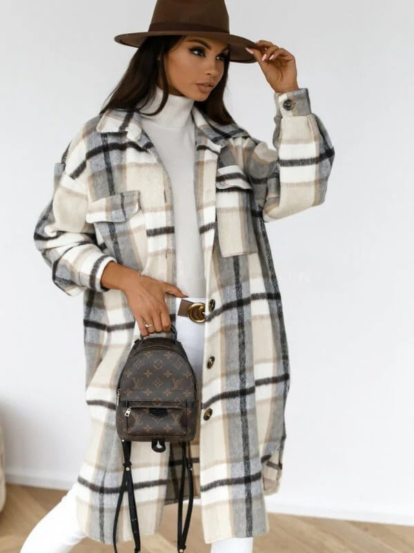 Manteau femme – Coupe oversize – Motif à carreaux – Laine mélangée – Longueur genou