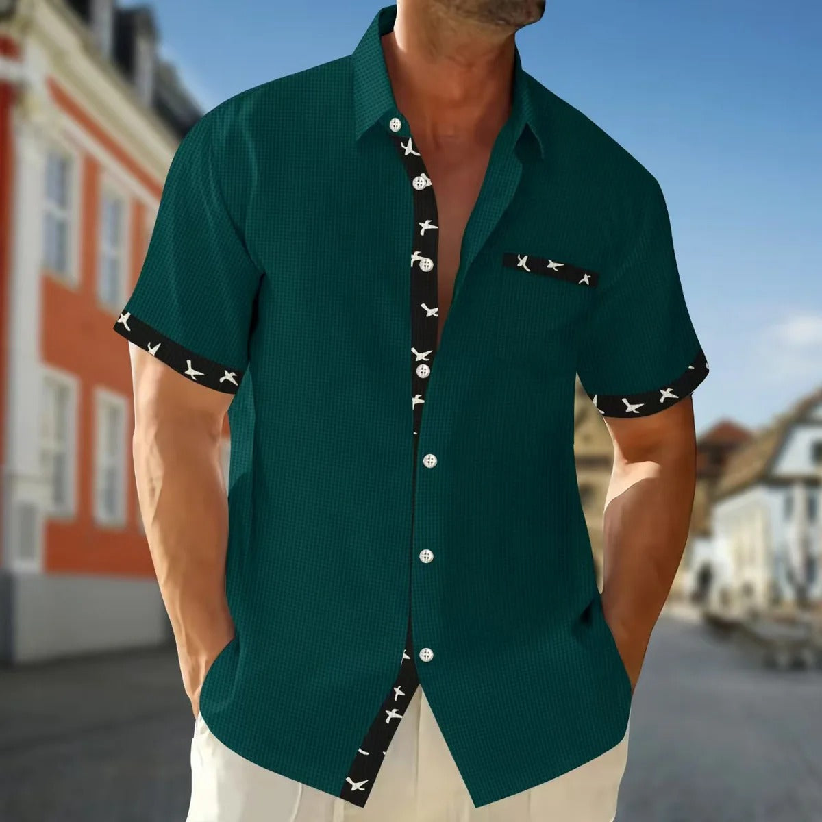 Chemise homme manches courtes – Coton – Coupe regular – Col travaillé – Détail contrasté