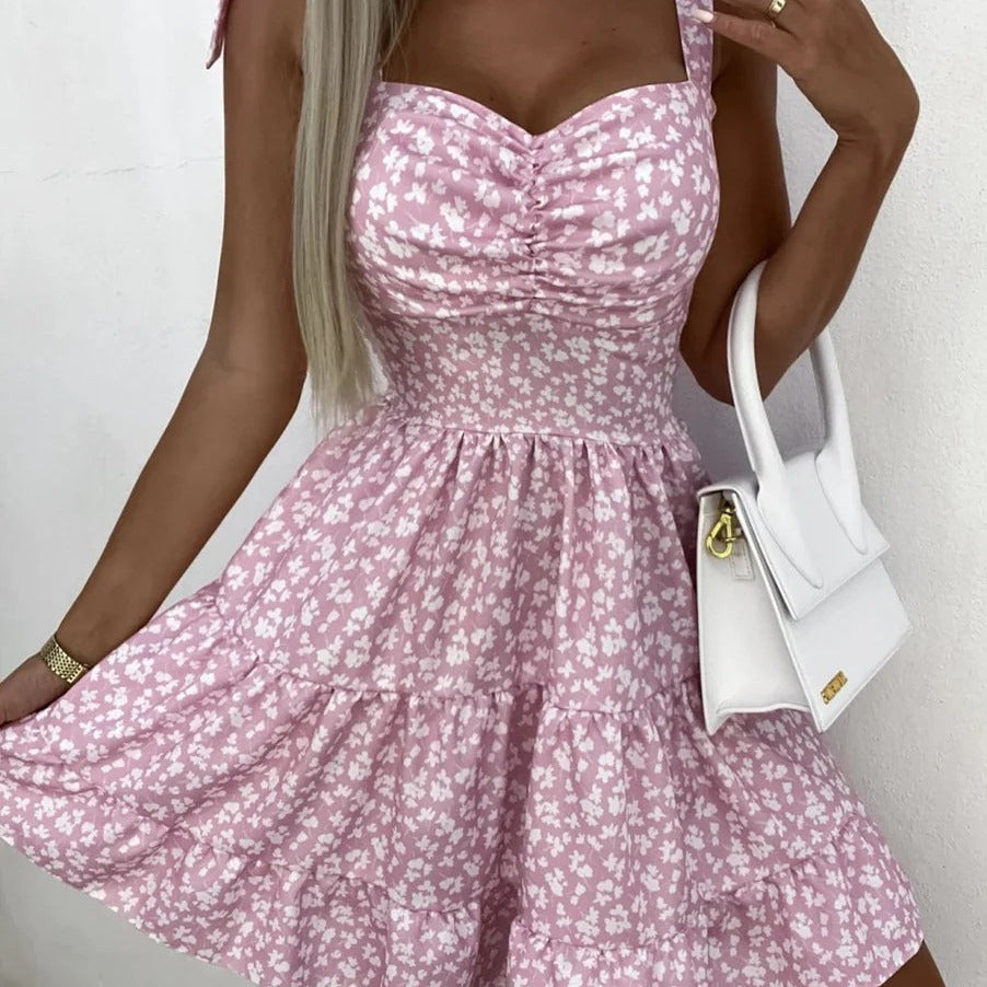 Robe courte femme – Coupe évasée – Motif fleuri – Bretelles fines – Jupe à volants