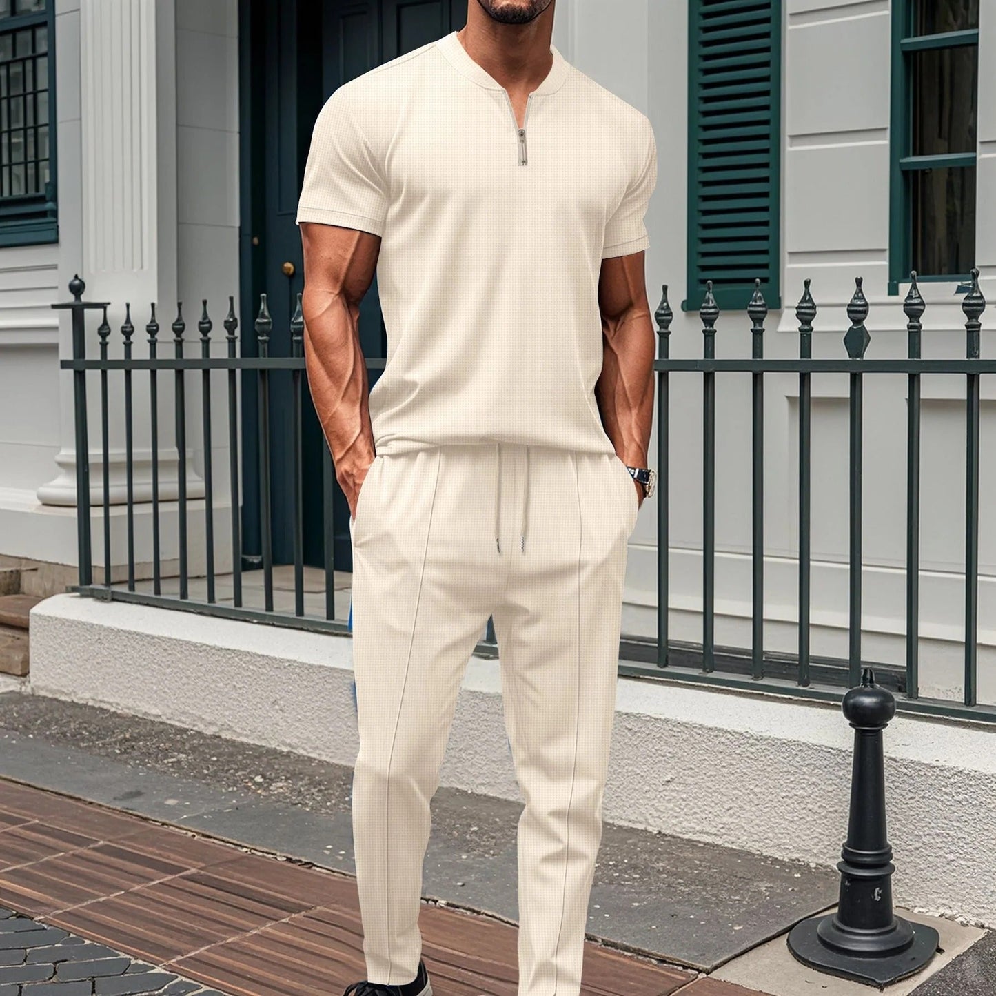 Ensemble de fitness homme – Coupe slim – T-shirt zippé – Pantalon taille élastique