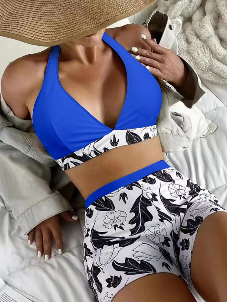 Maillot de bain femme – Bikini deux pièces – Haut dos nu – Short taille haute extensible – Imprimé fleuri