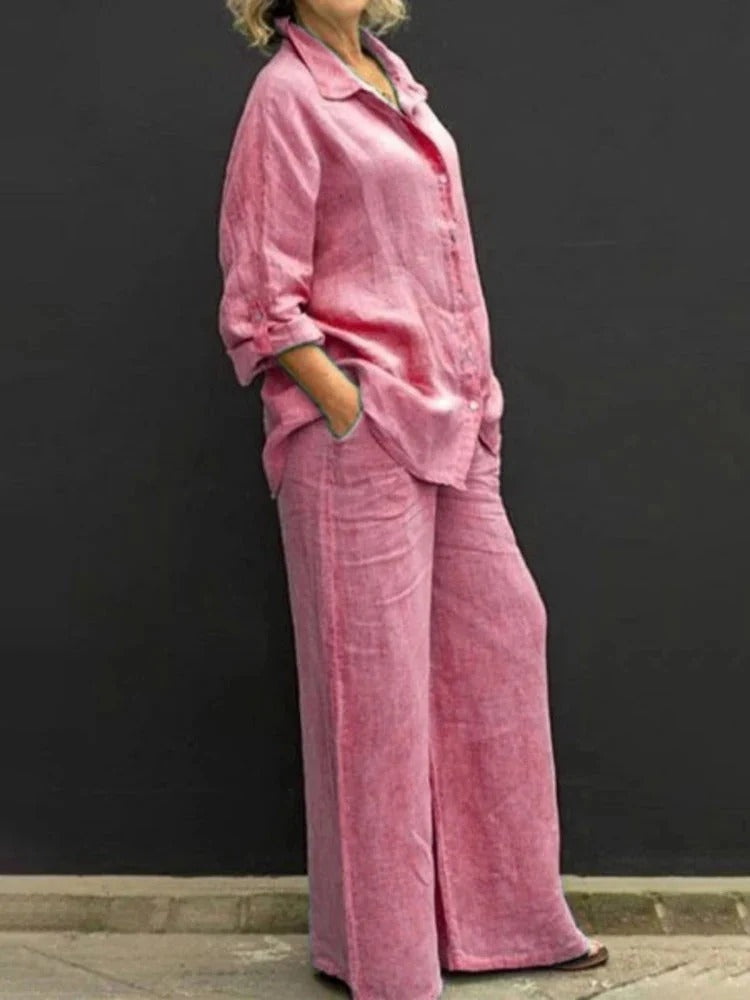 Ensemble Femme – Linnen Décontracté – Chemise Boutonnée – Pantalon Large Taille Haute