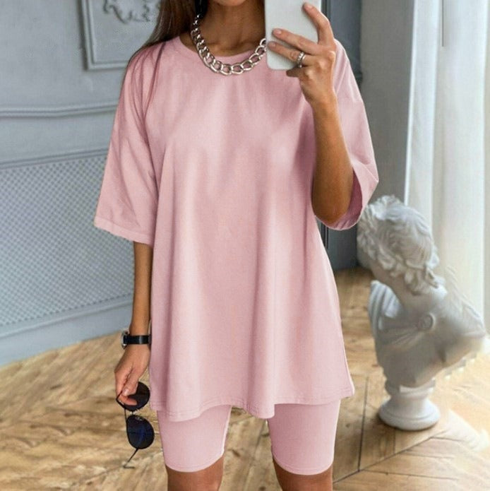 Women’s Two-Piece Set – Tunic Top with Waist Belt – Fitted Cycling Shorts – Casual Fit