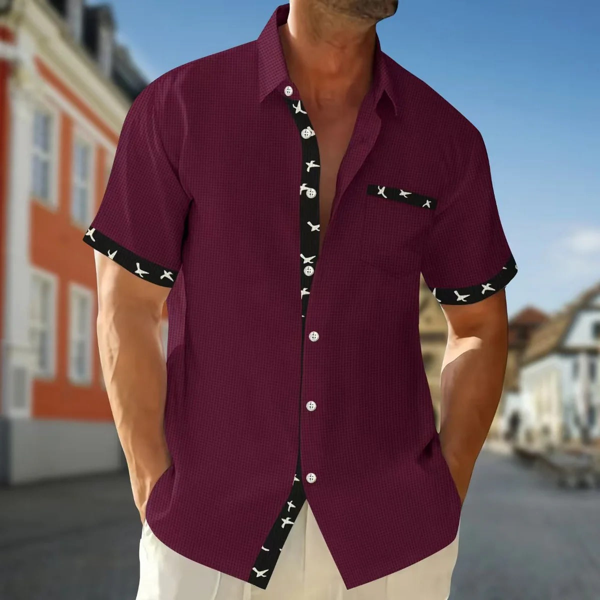 Chemise homme manches courtes – Coton – Coupe regular – Col travaillé – Détail contrasté