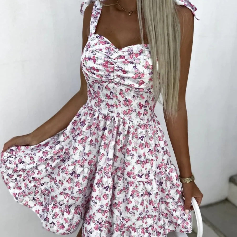 Robe courte femme – Coupe évasée – Motif fleuri – Bretelles fines – Jupe à volants