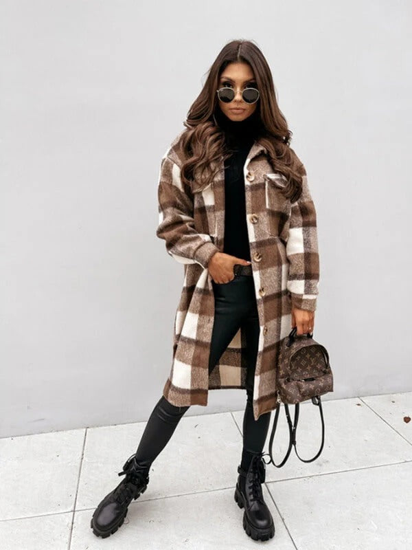 Manteau femme – Coupe oversize – Motif à carreaux – Laine mélangée – Longueur genou