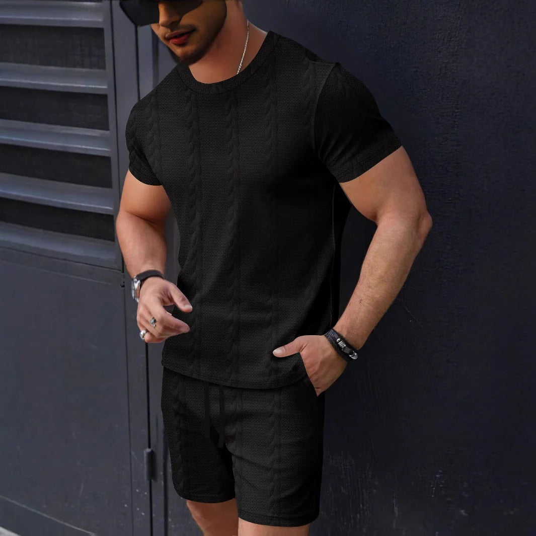 Ensemble Homme T-shirt et Short – Maille Texturée – Coupe Regular – Col Rond – Taille Cordon
