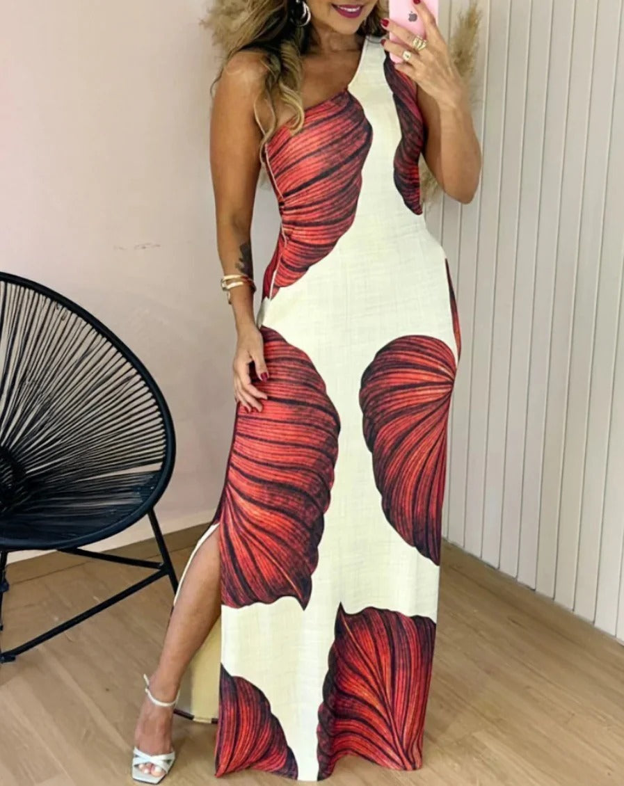 Robe longue femme – Coupe ajustée – Motif feuillage – Col montant – Sans manches – Fente latérale