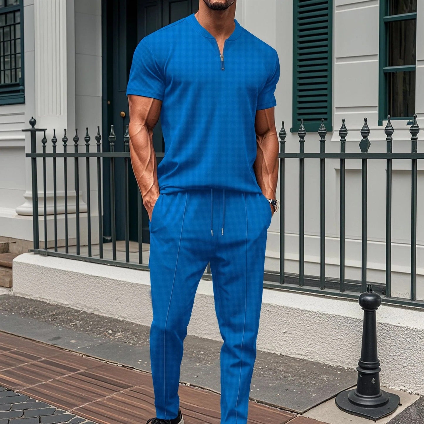 Ensemble de fitness homme – Coupe slim – T-shirt zippé – Pantalon taille élastique