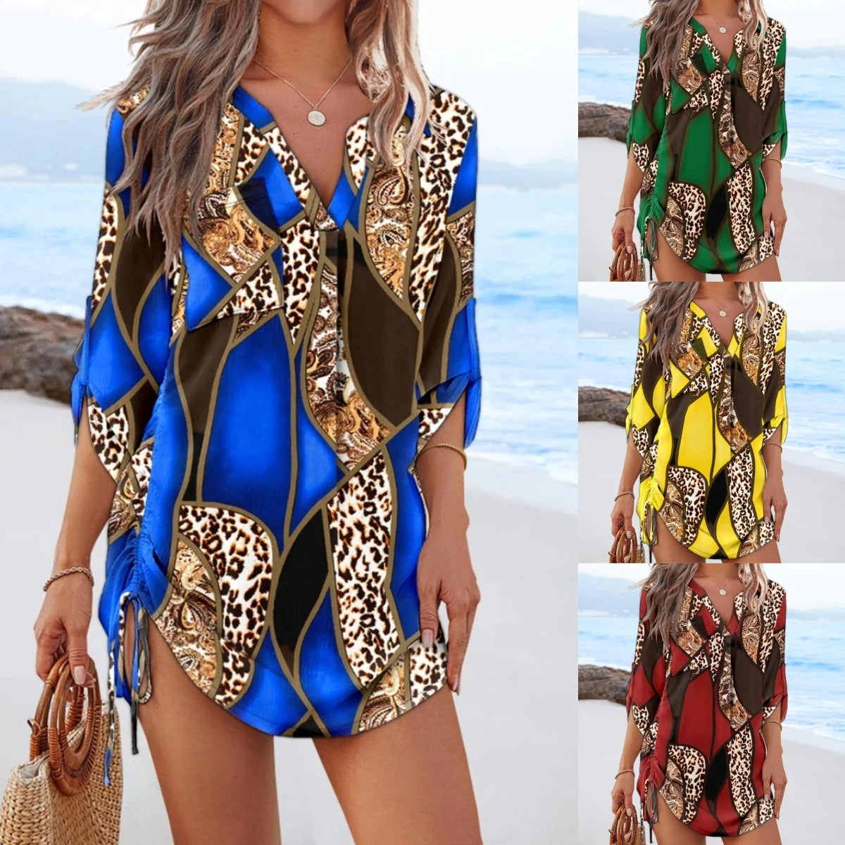 Robe de plage femme – Coupe fluide – Décolleté en V – Manches 3/4 – Fronces réglables