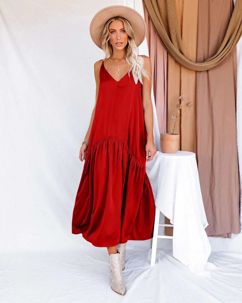 Robe longue femme – Coupe fluide – Décolleté en V – Bretelles fines – Détails à volants
