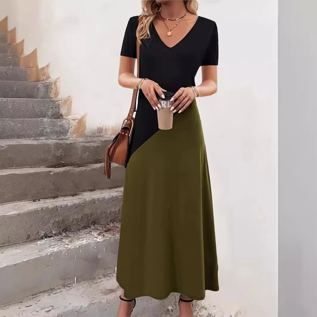 Robe longue femme – Col en V – Manches courtes – Coupe cintrée évasée – Color block