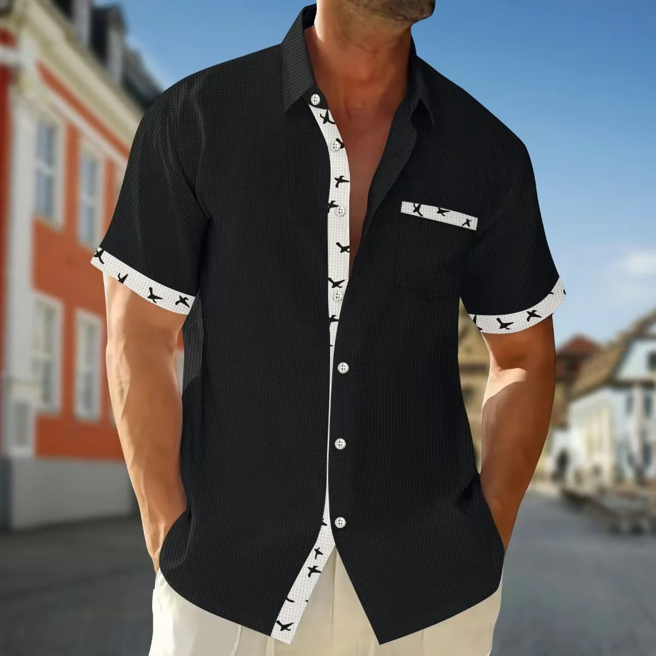 Chemise homme manches courtes – Coton – Coupe regular – Col travaillé – Détail contrasté