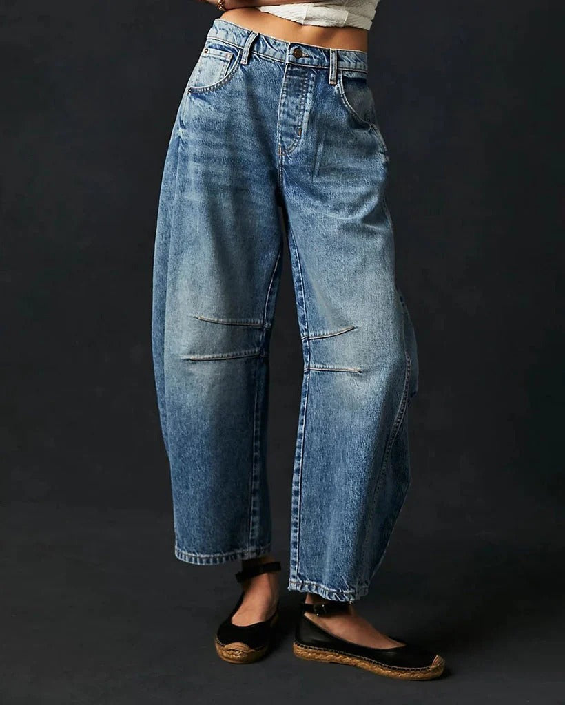 Jean femme droit – Coupe décontractée – Taille haute – Longueur cheville – Denim structuré
