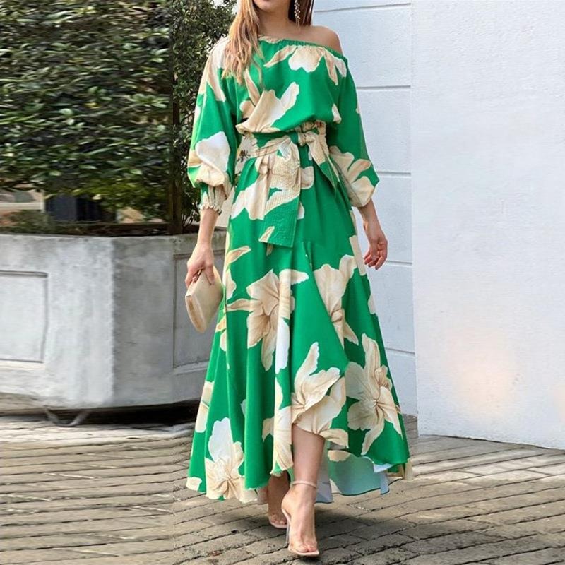 Robe longue femme – Coupe fluide – Épaules dénudées – Manches bouffantes – Imprimé floral