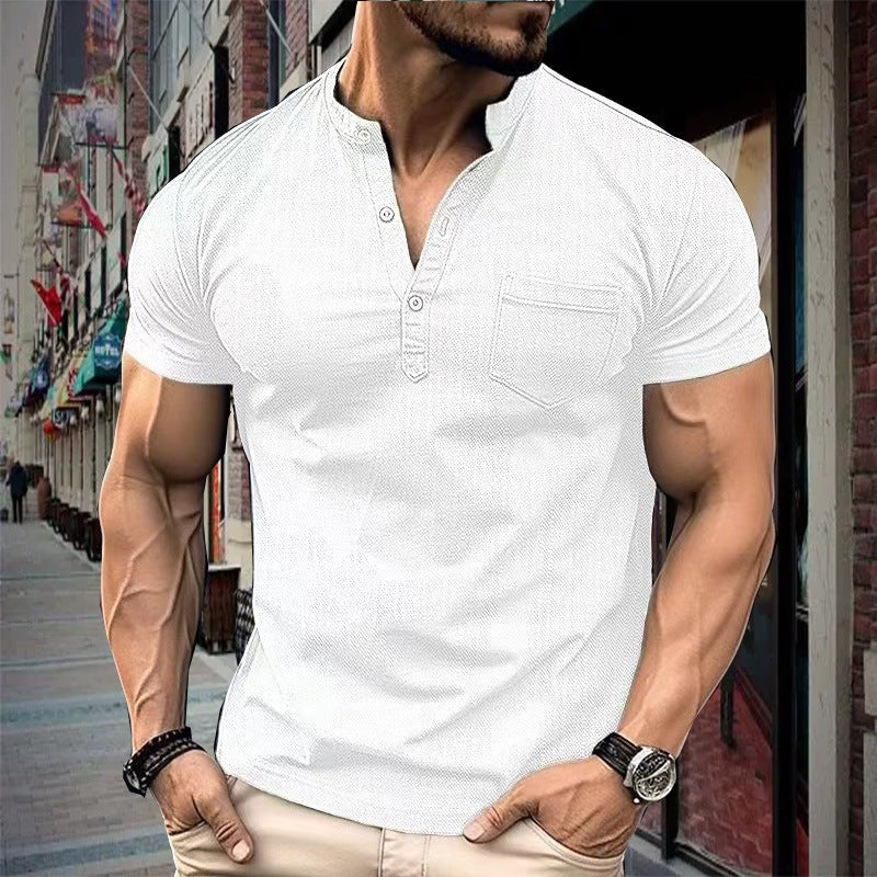 Chemise homme manches courtes – Coupe slim – Col montant – Coton – Poche poitrine
