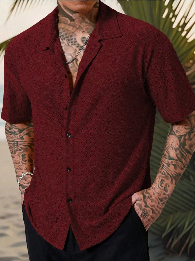 Chemise homme décontractée – Coton – Motif jacquard ajouré – Coupe droite – Manches courtes