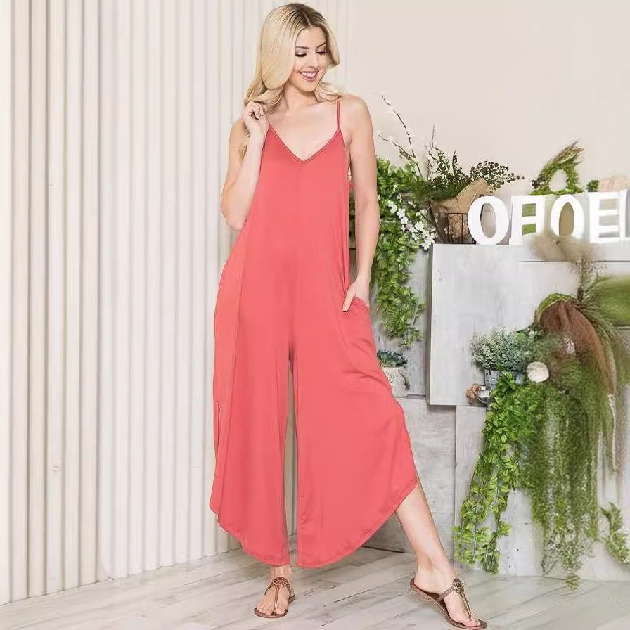 Combinaison Femme – Coupe Ample – Coton – Sans Manches – Col V – Pantalon Large – Poches