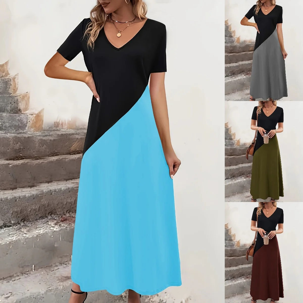 Robe longue femme – Col en V – Manches courtes – Coupe cintrée évasée – Color block