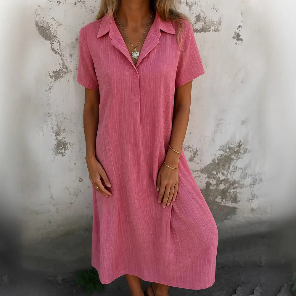 Robe chemise femme – Coupe décontractée – Coton – Manches courtes – Longueur midi