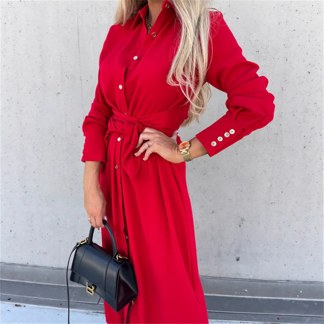 Women's Shirt Dress – Fitted Cut – Fluid Fabric effect Silk – Belted Waist – Midi Length