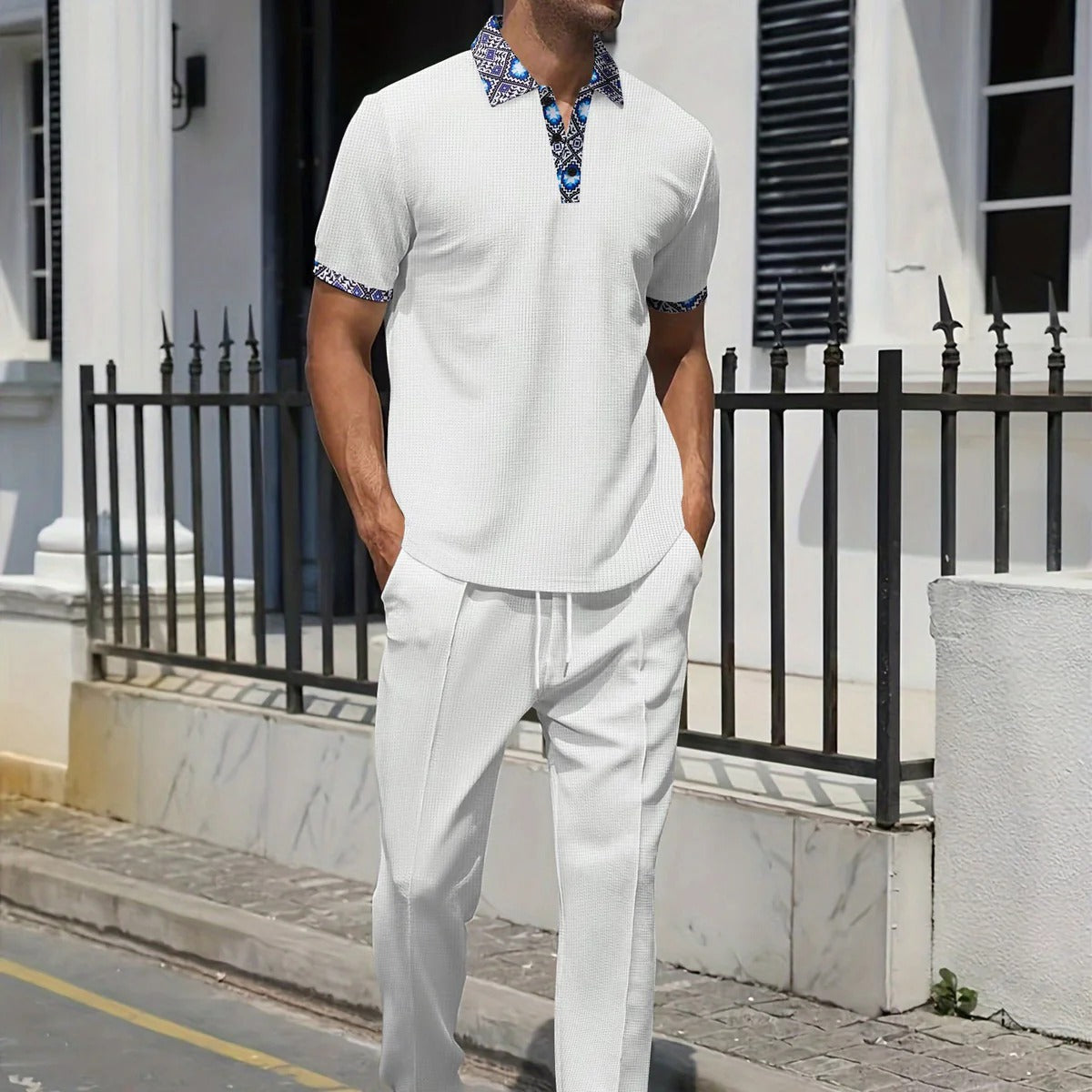 Ensemble décontracté homme – Haut manches courtes col motif – Pantalon fuselé élégant