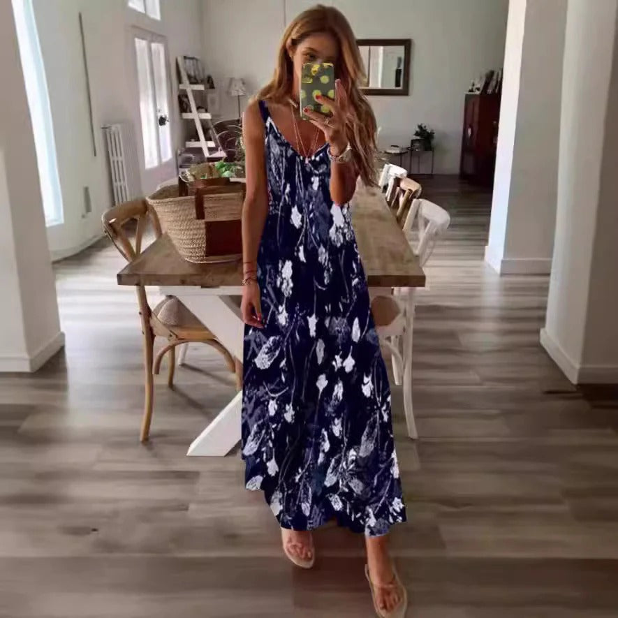 Robe longue femme – Coupe fluide – Sans manches – Décolleté en V – Motif fleuri
