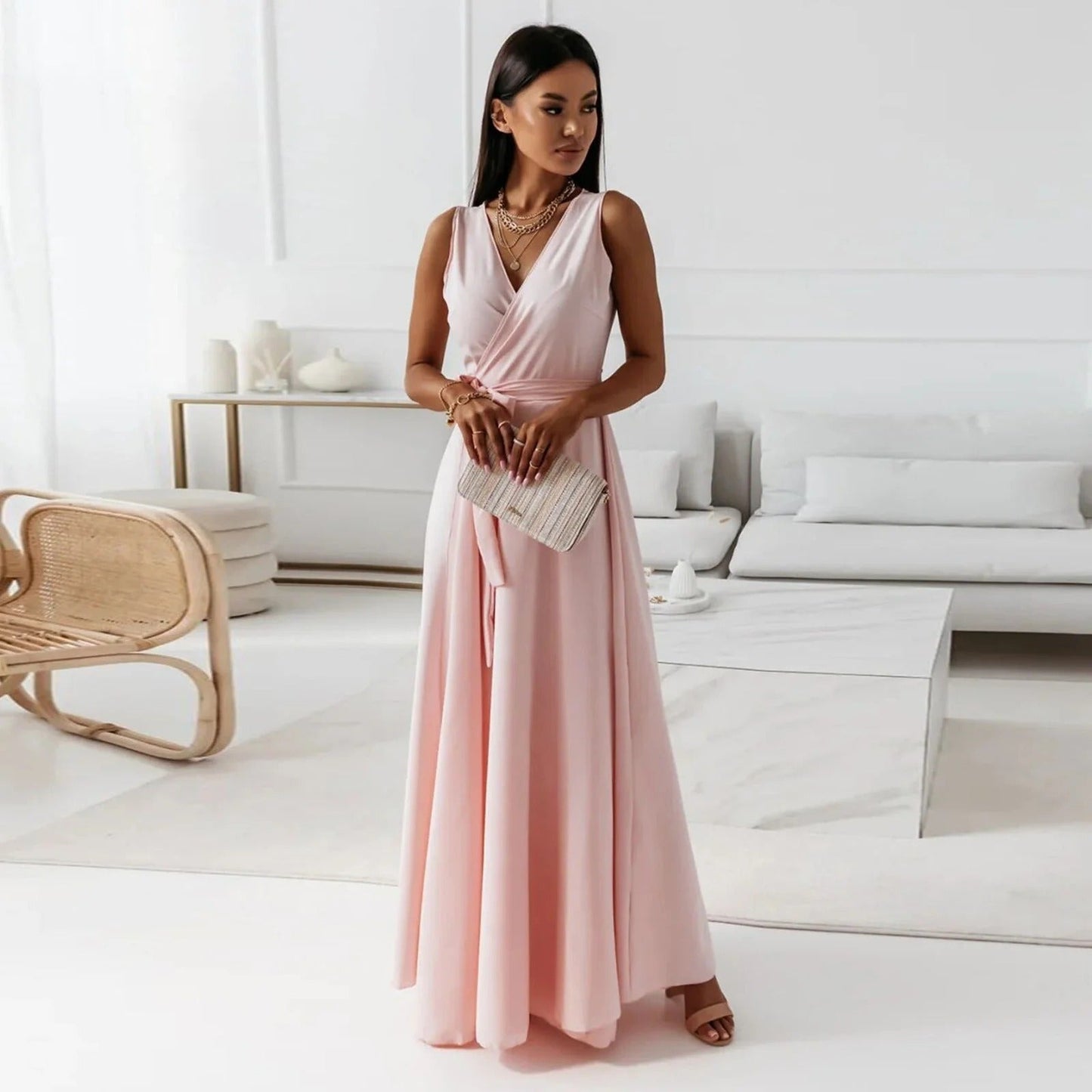 Robe longue femme – Sans manches – Décolleté en V – Taille nouée – Tissu fluide élégant