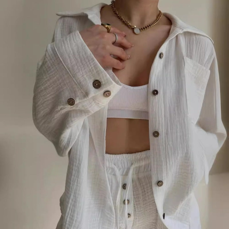 Ensemble Femme Deux Pièces – Chemise Ample à Manches Longues – Short Taille Haute Cordon