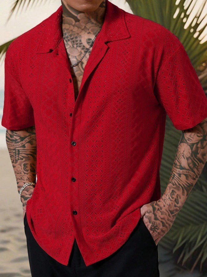 Chemise homme décontractée – Coton – Motif jacquard ajouré – Coupe droite – Manches courtes