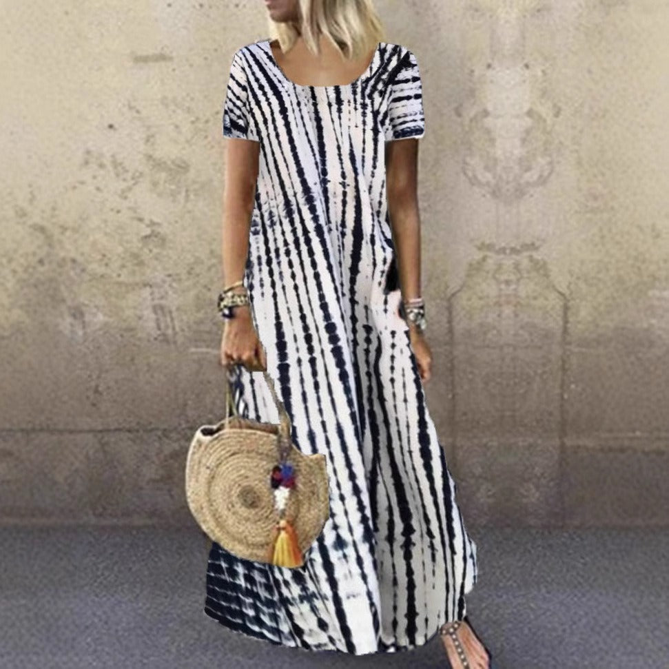 Robe longue femme – Coupe ample – Imprimé tie-dye – Manches courtes