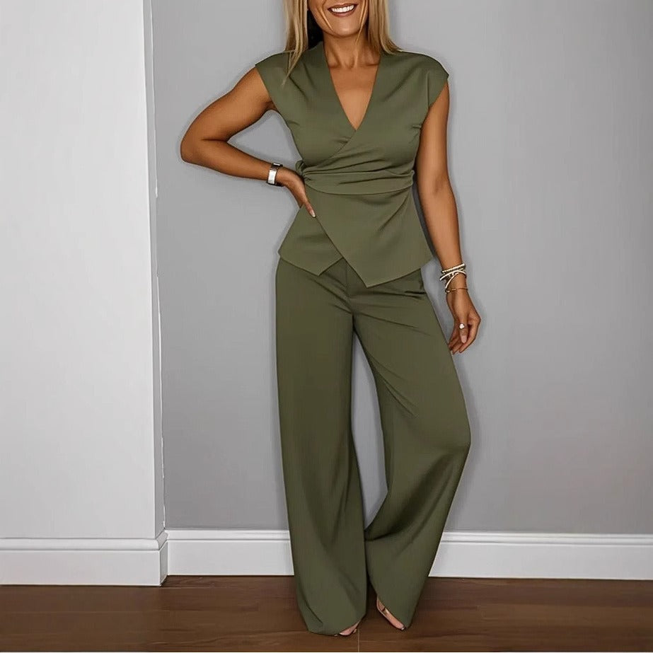 Ensemble Femme Deux Pièces – Haut Cache-Cœur Sans Manches – Pantalon Large Taille Haute