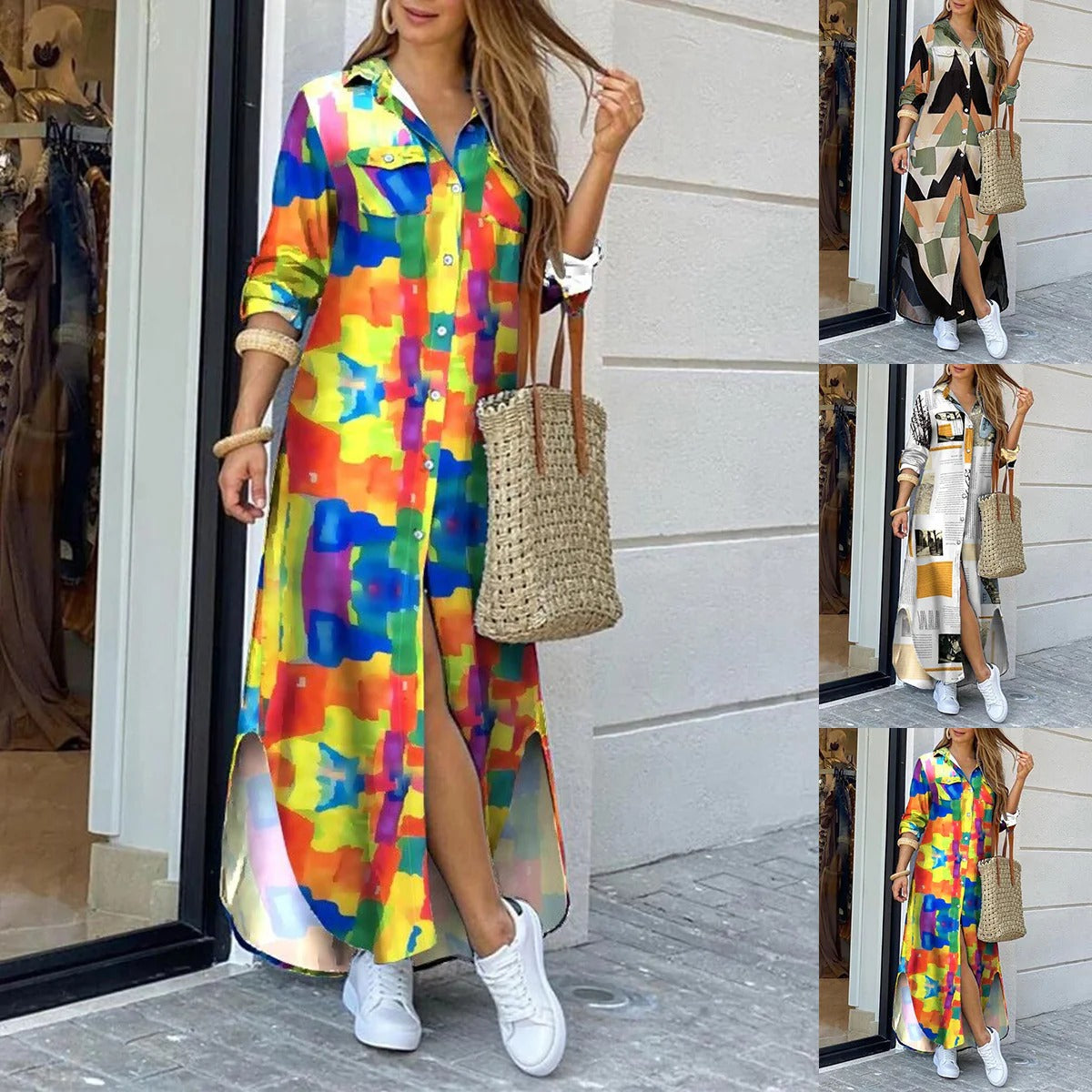 Robe longue femme – Coupe décontractée – Tissu doux coton – Imprimé géométrique – Boutonnée
