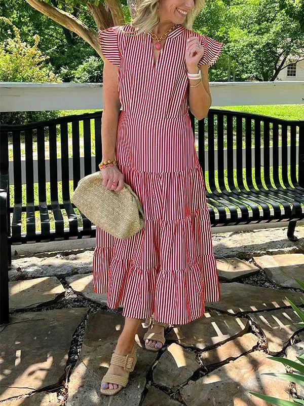 Robe midi femme – coton – coupe fluide – manches volantes – rayures – col V