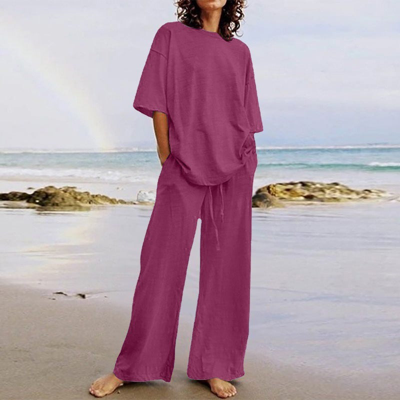 Ensemble femme deux pièces – Haut ample col rond – Pantalon large avec poches