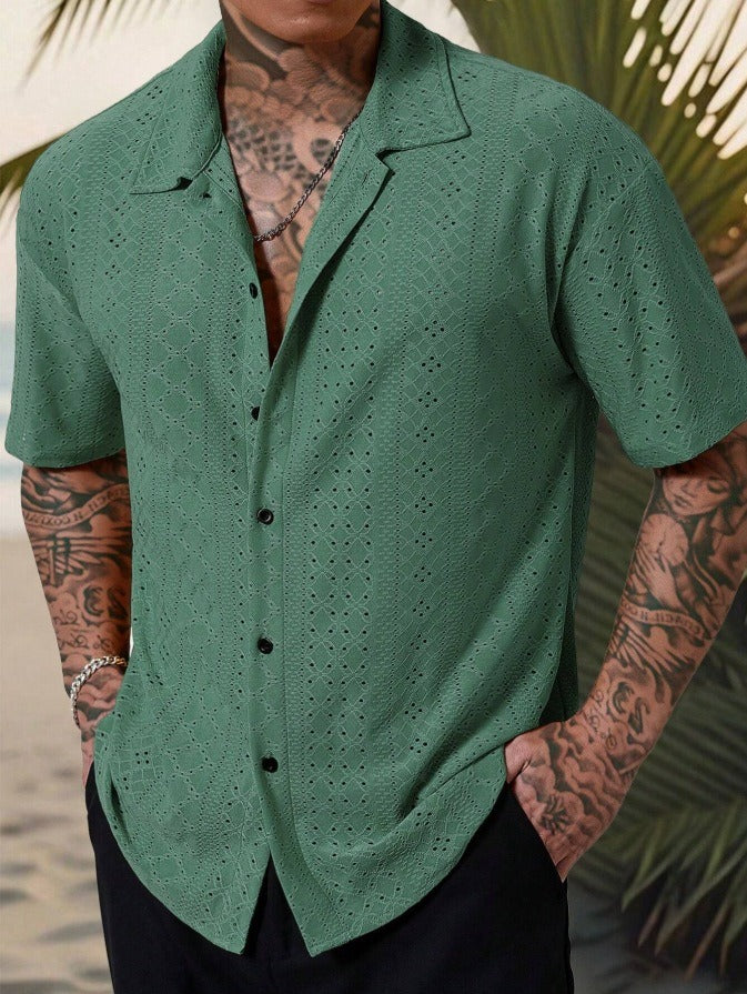 Chemise homme décontractée – Coton – Motif jacquard ajouré – Coupe droite – Manches courtes